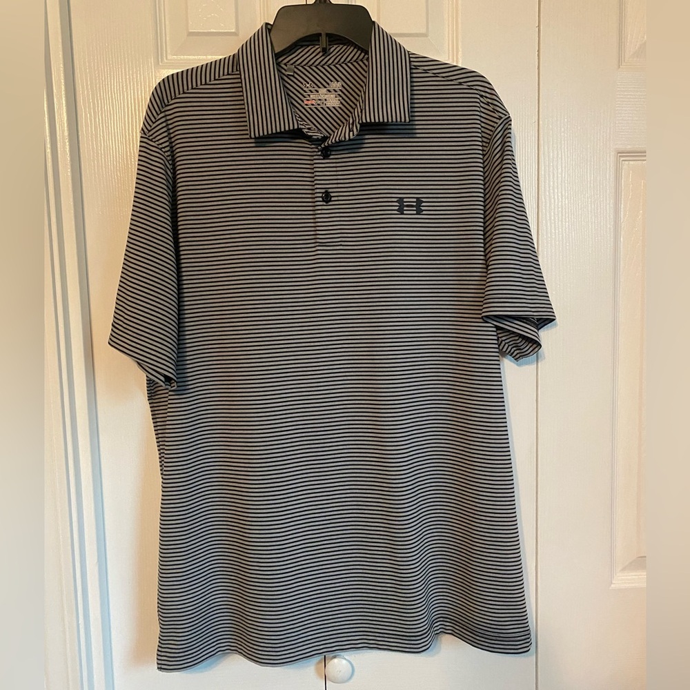 Under Armour Men's Polo Black Striped Size Large Loose Heat Gear